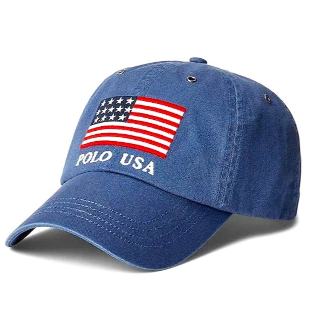 New Polo Ralph Lauren Mens Chino Baseball Cap Outdoor Hat w/ USA Flag Color Navy
